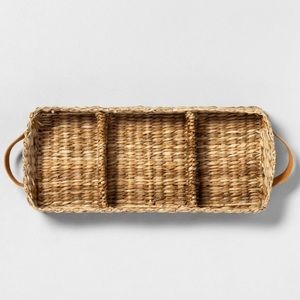 Hearth and Hand 3 Compartment Woven Tray with Leather Handles